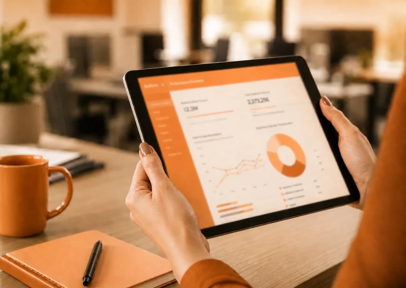 Profissional analisando dashboard do Enform com gráficos e indicadores em tablet, representando o software de monitoramento de dados de um inventário de GEE